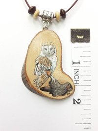Barn Owl Hand Painted Yew Wood Pendant