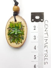 Green Man Handpainted Yew Wood Pendant