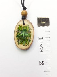 Green Man Handpainted Yew Wood Pendant