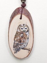 Tawny Owl Hand Painted Yew Wood Pendant