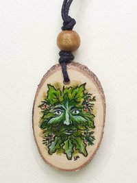 Green Man Handpainted Yew Wood Pendant