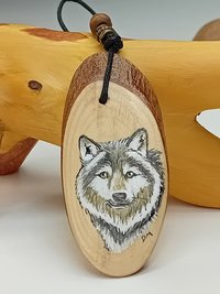 Wolf Hand Painted Yew Wood Pendant