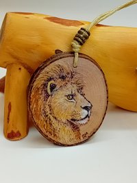 Hand Painted Lion Blackthorn Wood Pendant
