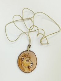 Hand Painted Lion Blackthorn Wood Pendant