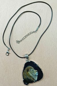 Hand Painted Lion Agate Pendant, big cat pendant