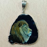 Hand Painted Lion Agate Pendant, big cat pendant