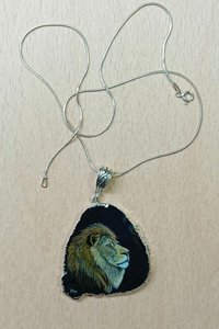 Hand Painted Lion Agate Pendant, big cat pendant