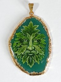 Green Man Hand Painted Agate Pendant