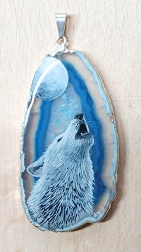Hand Painted Howling White Wolf and Moon Agate Pendant