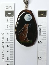 Moon Gazing Hare Hand Painted Agate Pendant