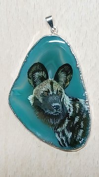African Painted Dog Hand Painted Agate Pendant, African Wild Dog Pendant