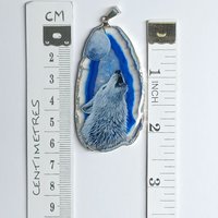 Hand Painted Howling White Wolf and Moon Agate Pendant