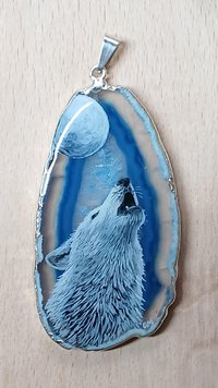 Hand Painted Howling White Wolf and Moon Agate Pendant