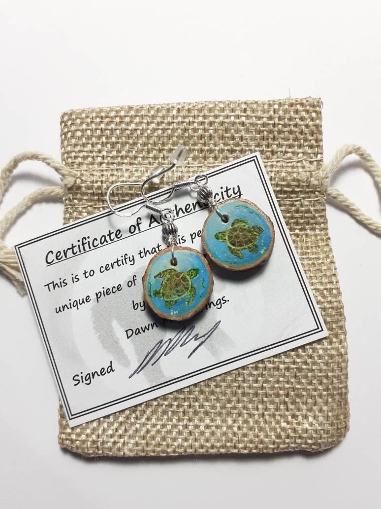 Turtle Hand Painted Wood Earrings