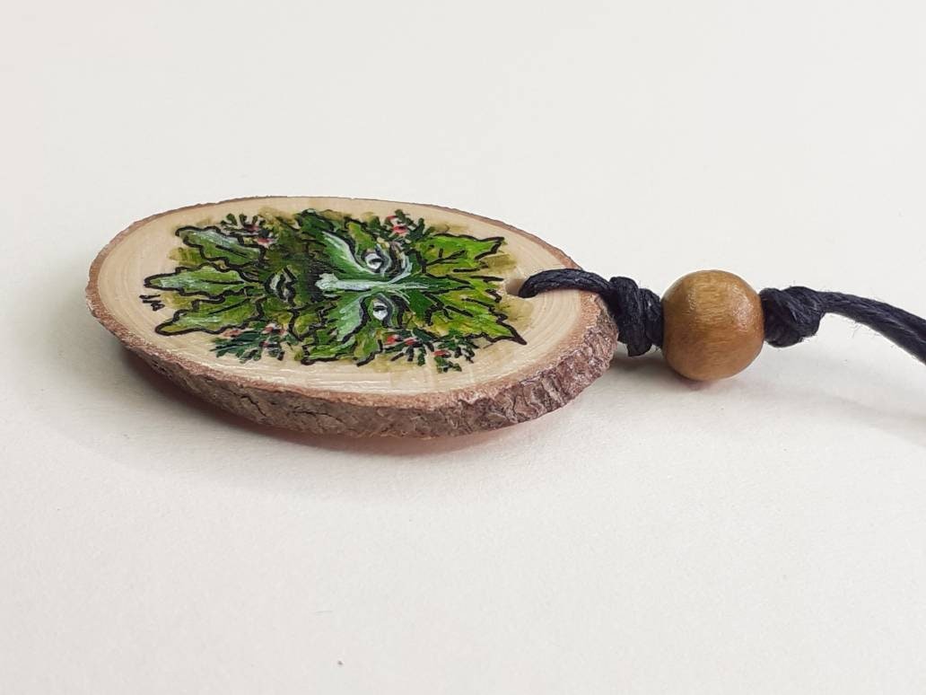 Green Man Handpainted Yew Wood Pendant