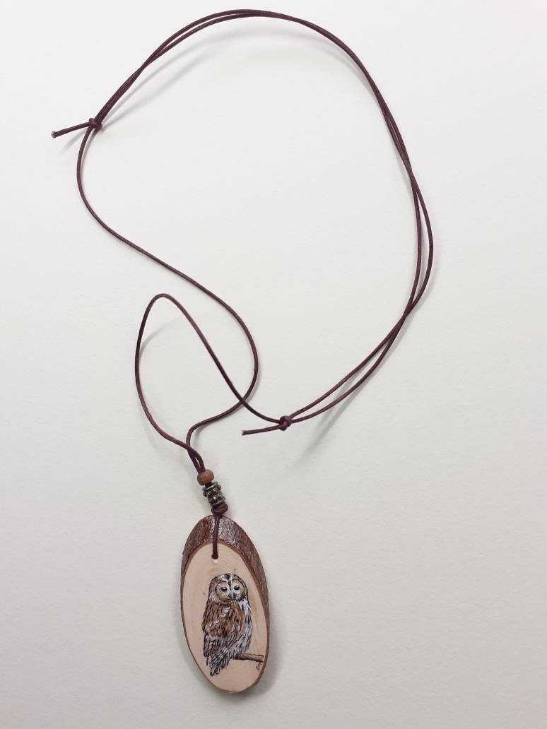 Tawny Owl Hand Painted Yew Wood Pendant