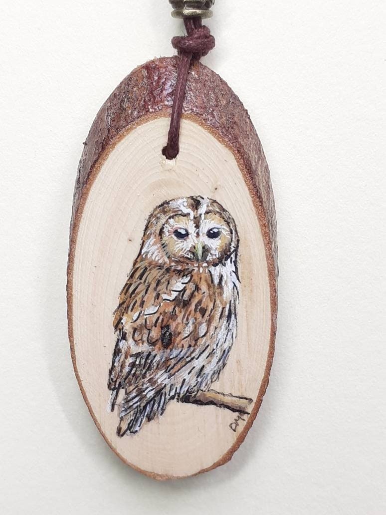 Tawny Owl Hand Painted Yew Wood Pendant