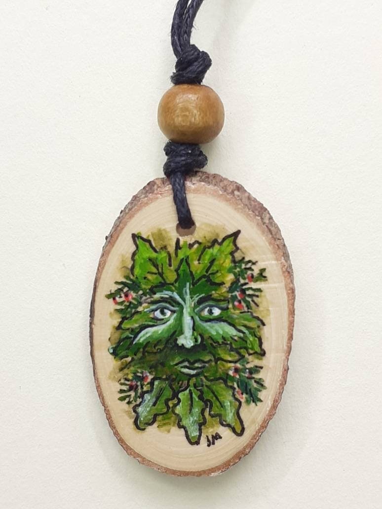 Green Man Handpainted Yew Wood Pendant