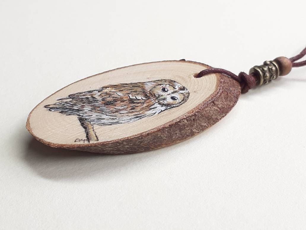 Tawny Owl Hand Painted Yew Wood Pendant