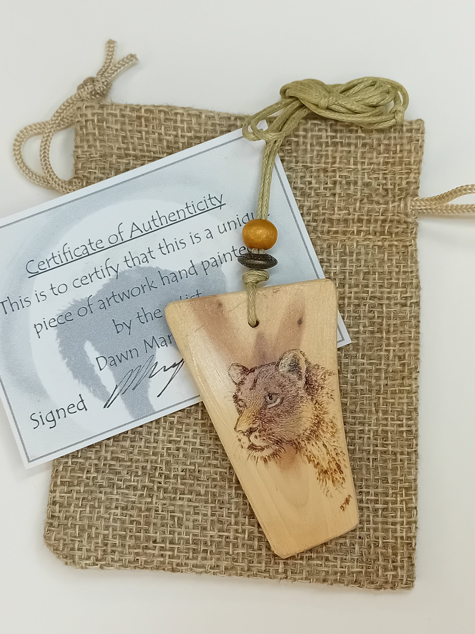 Hand Drawn Lioness Yew Wood Wood Pendant