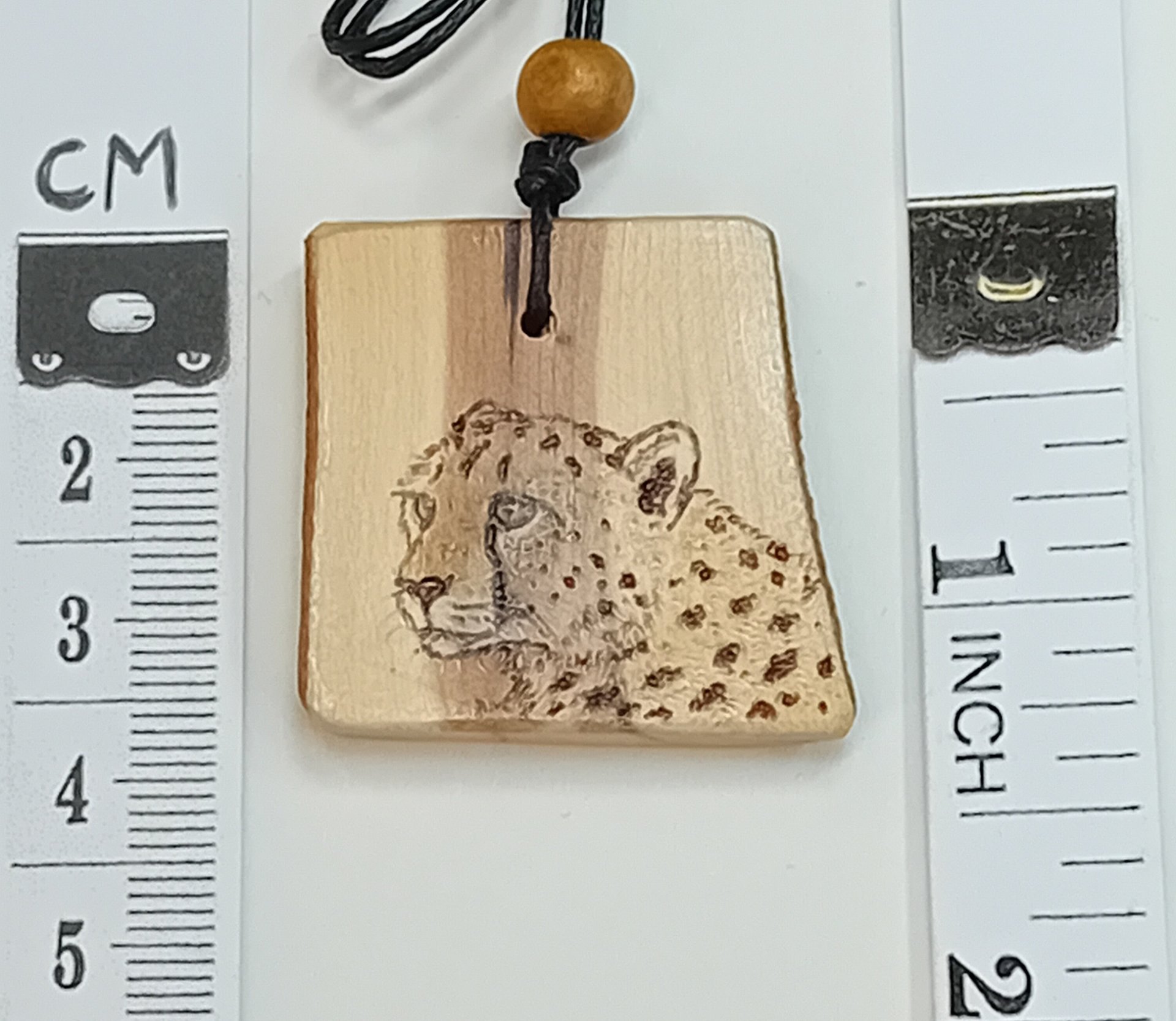 Cheetah Hand Drawn Yew Wood Pendant