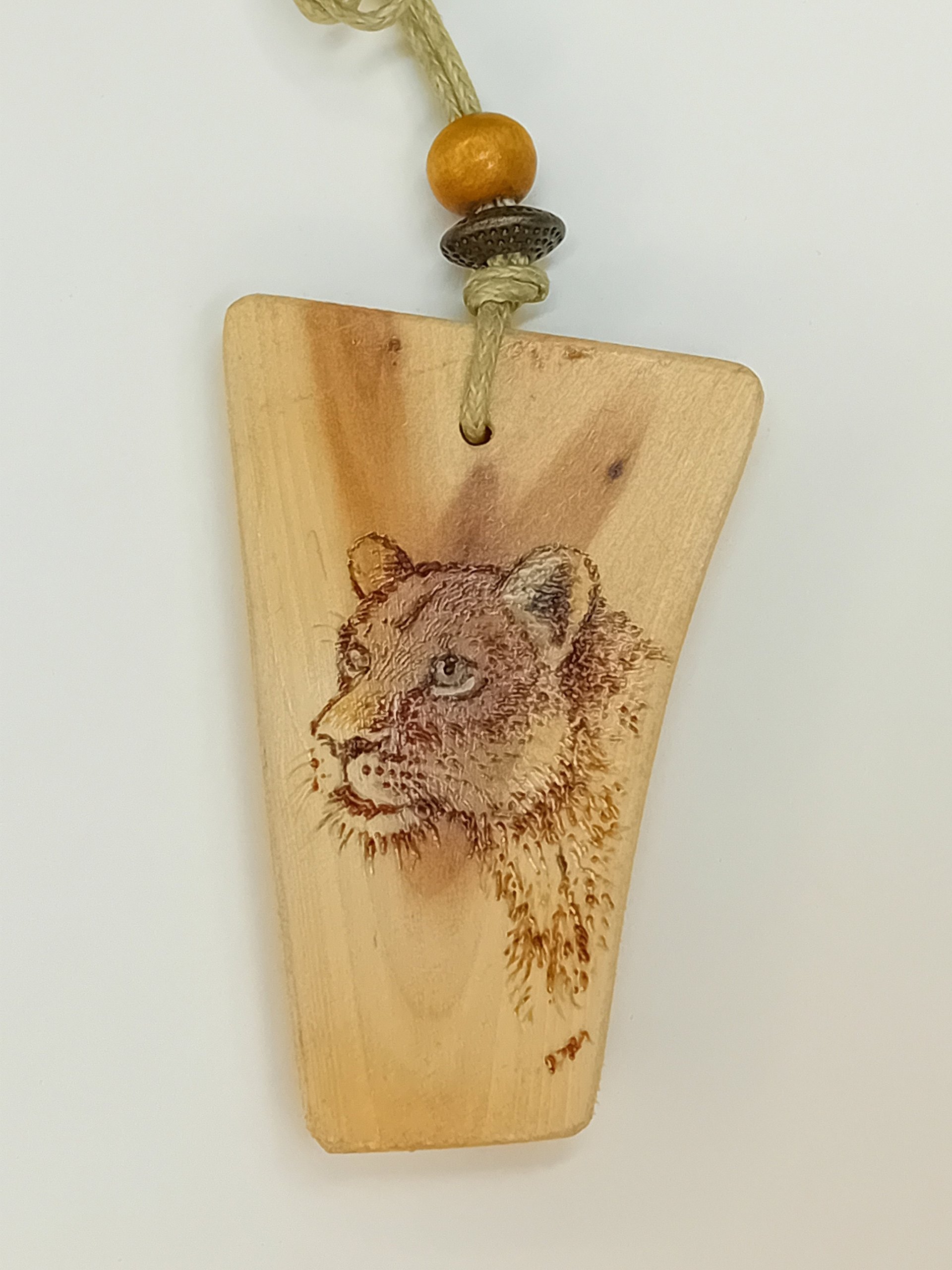 Hand Drawn Lioness Yew Wood Wood Pendant