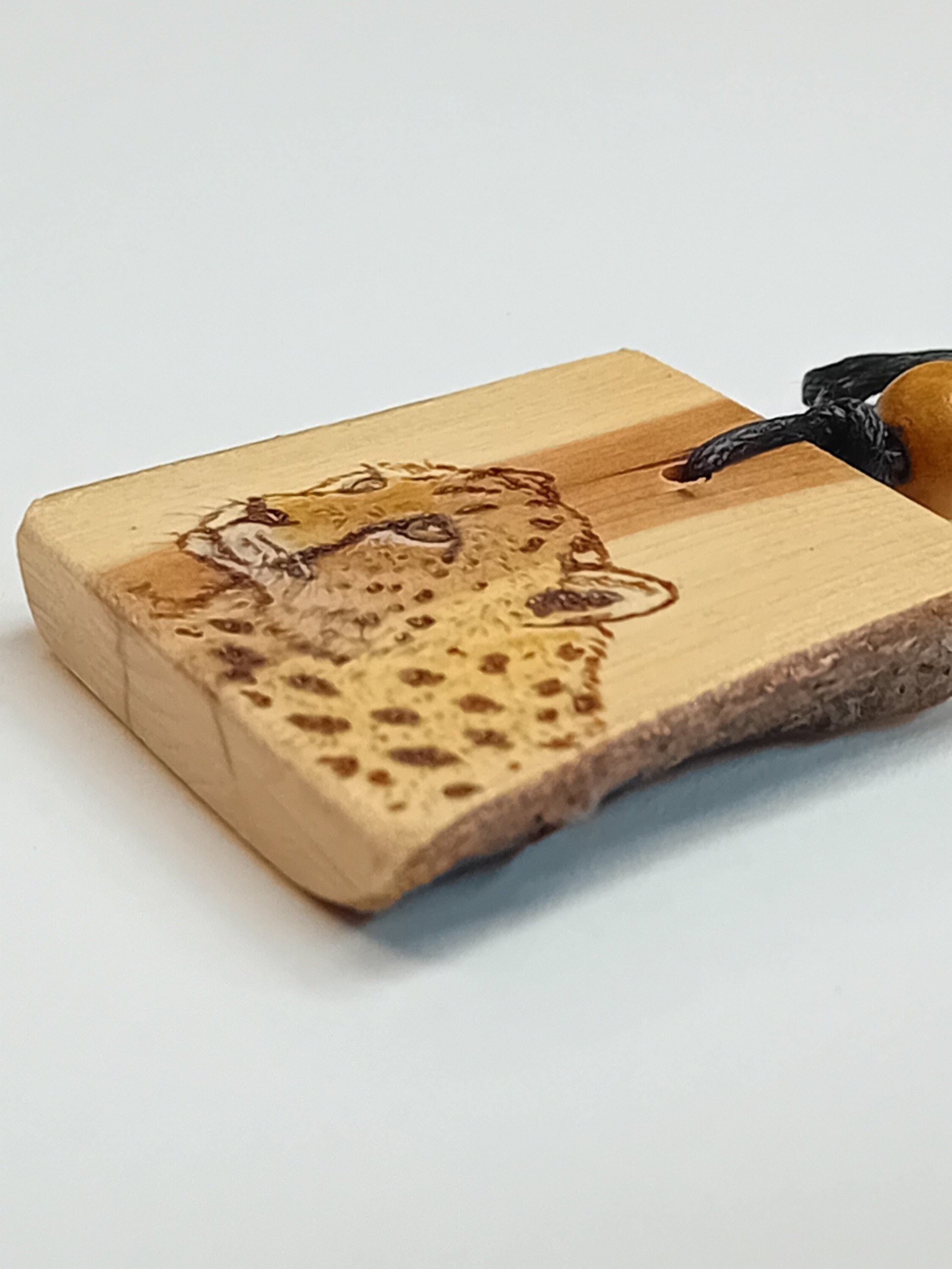 Cheetah Hand Drawn Yew Wood Pendant