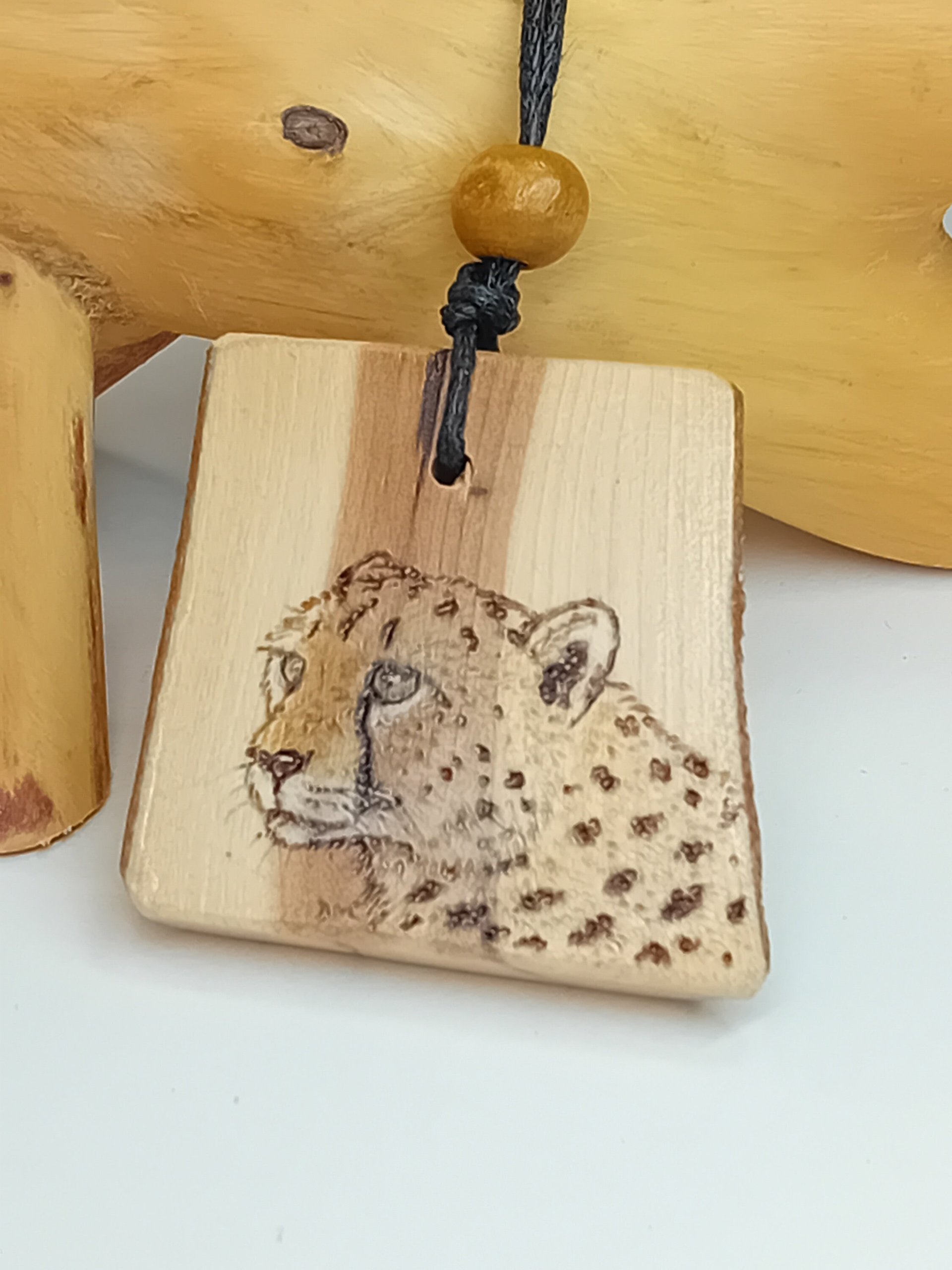 Cheetah Hand Drawn Yew Wood Pendant