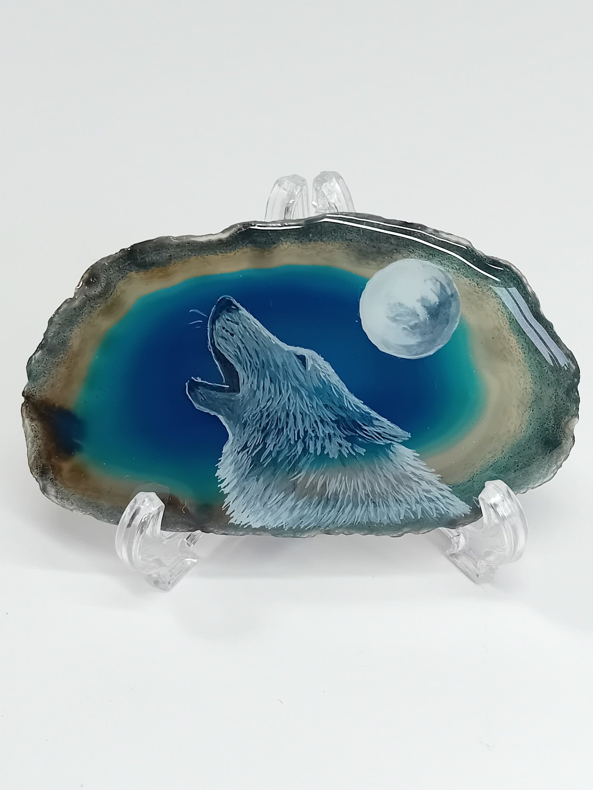 Howling Wolf Painting on Agate