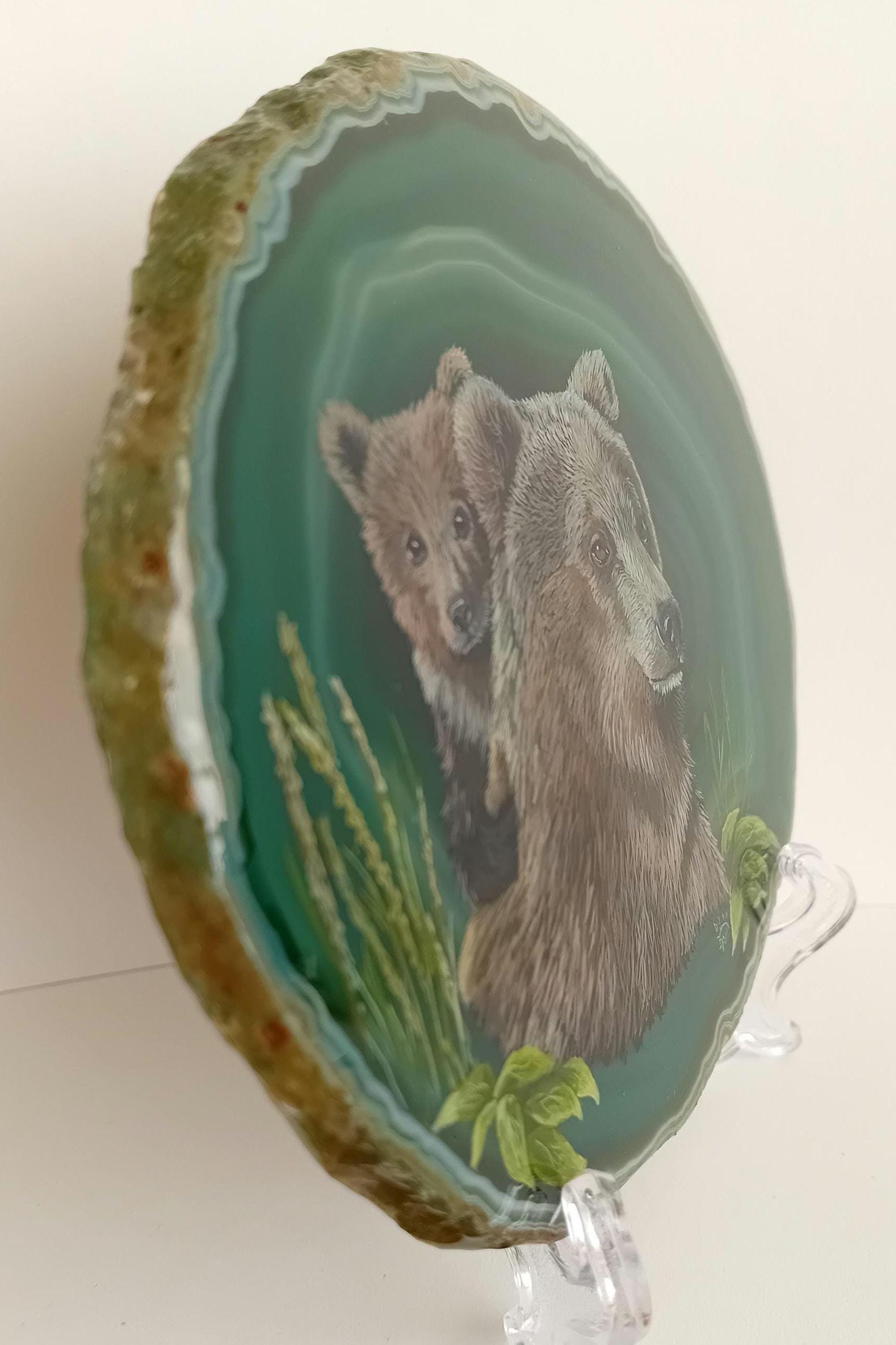 Brown Bear and Cub Painting on Agate