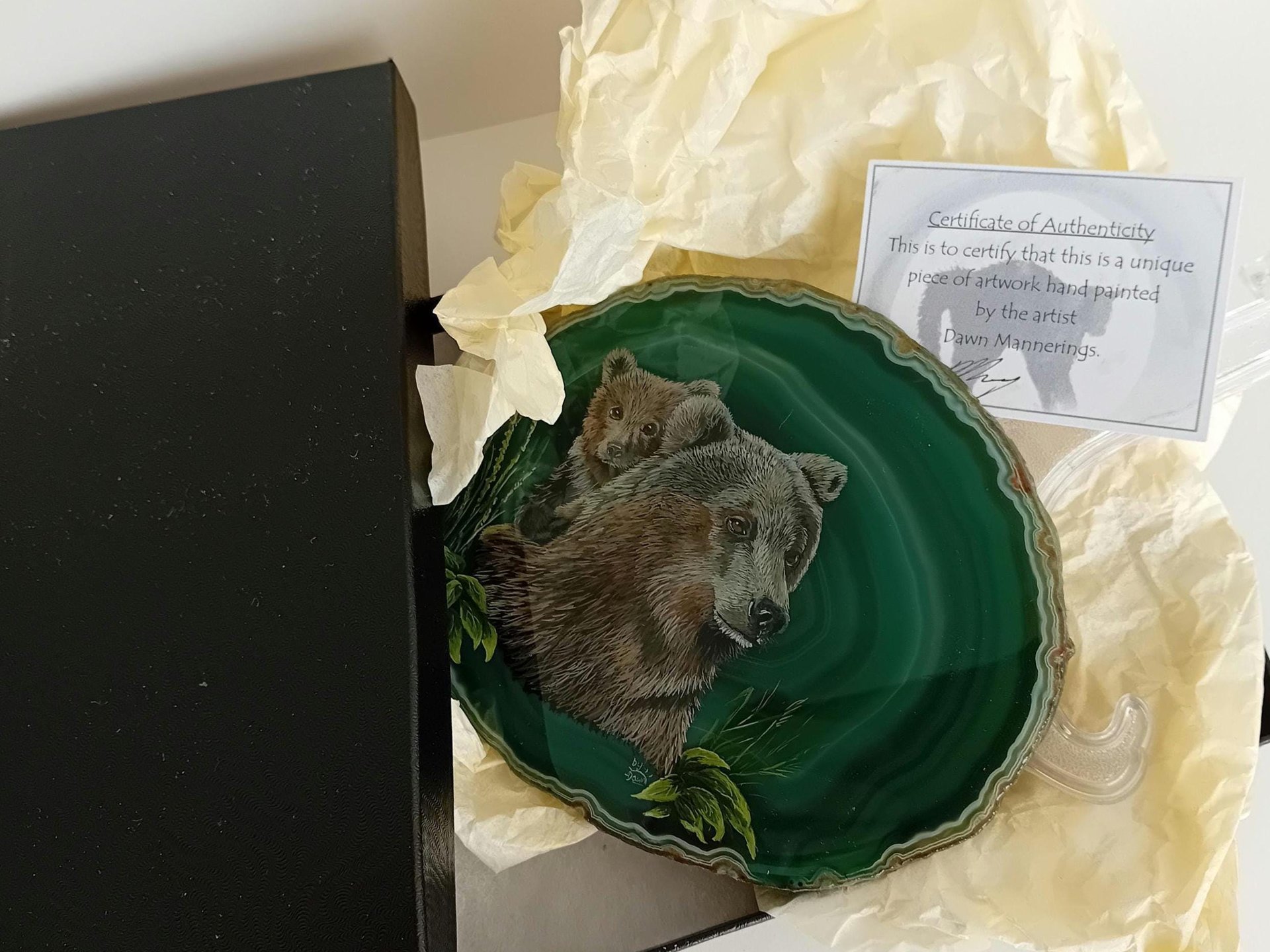 Brown Bear and Cub Painting on Agate