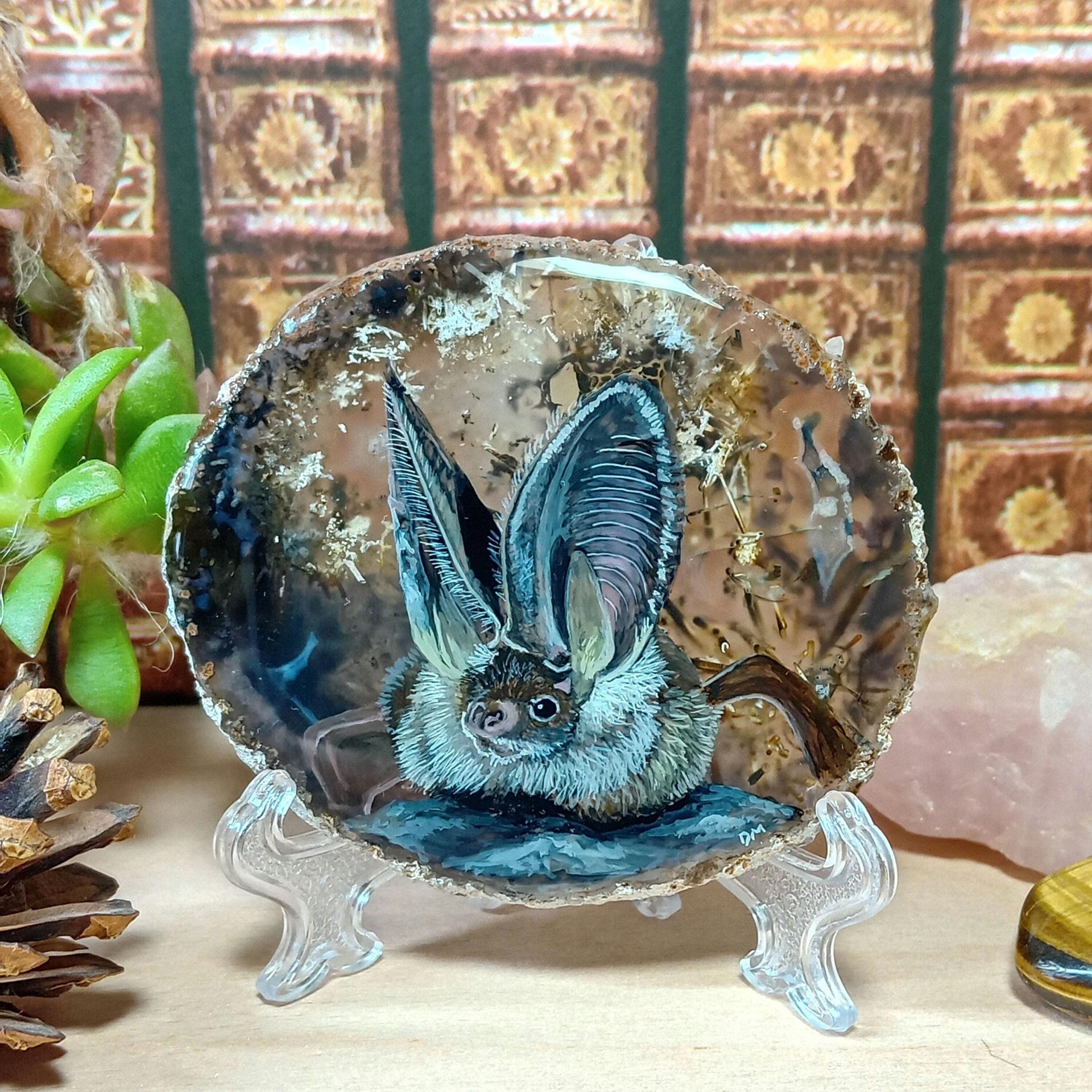 Long-eared Bat painting on agate