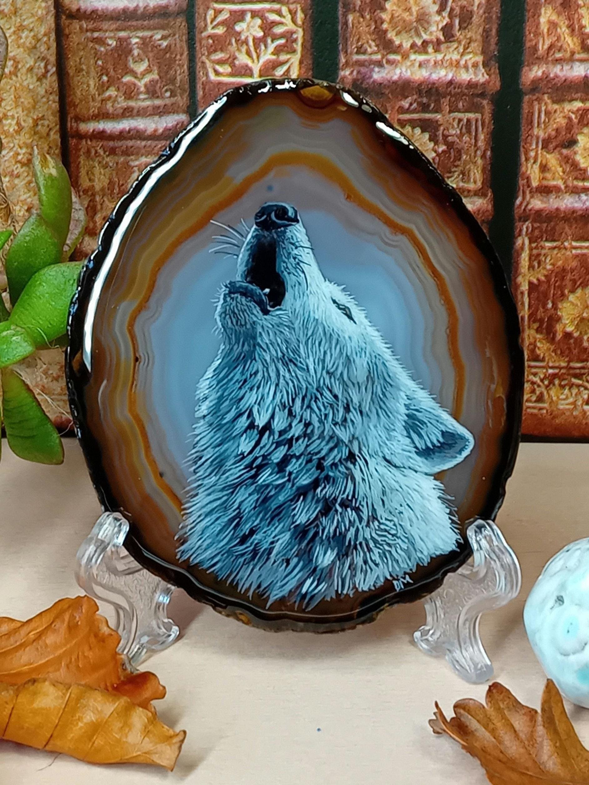 Howling Wolf Painting on Agate