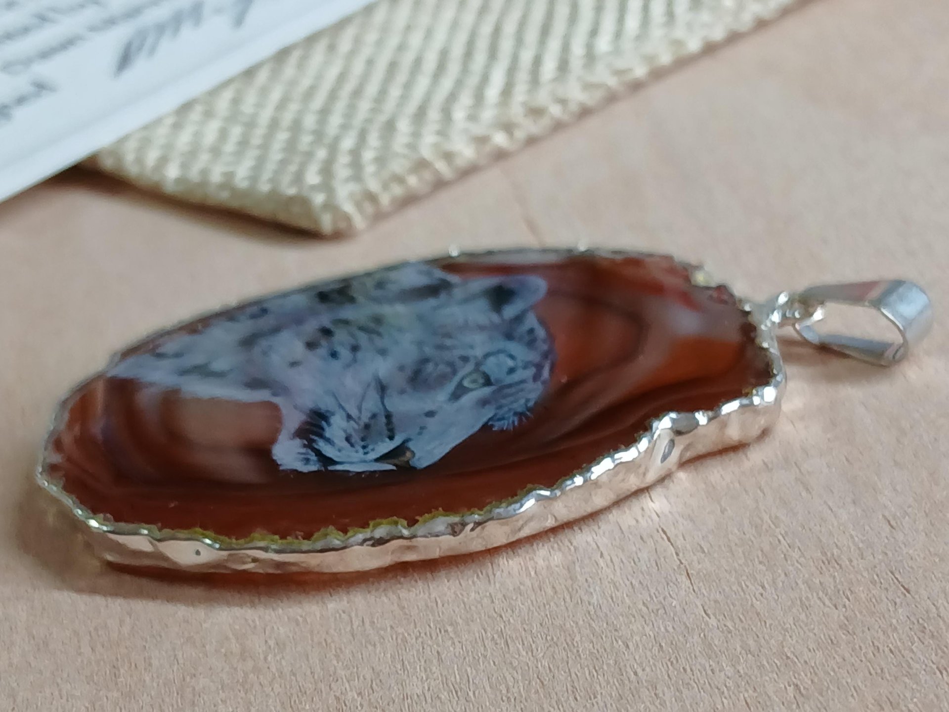 Snow Leopard Hand Painted Agate Pendant