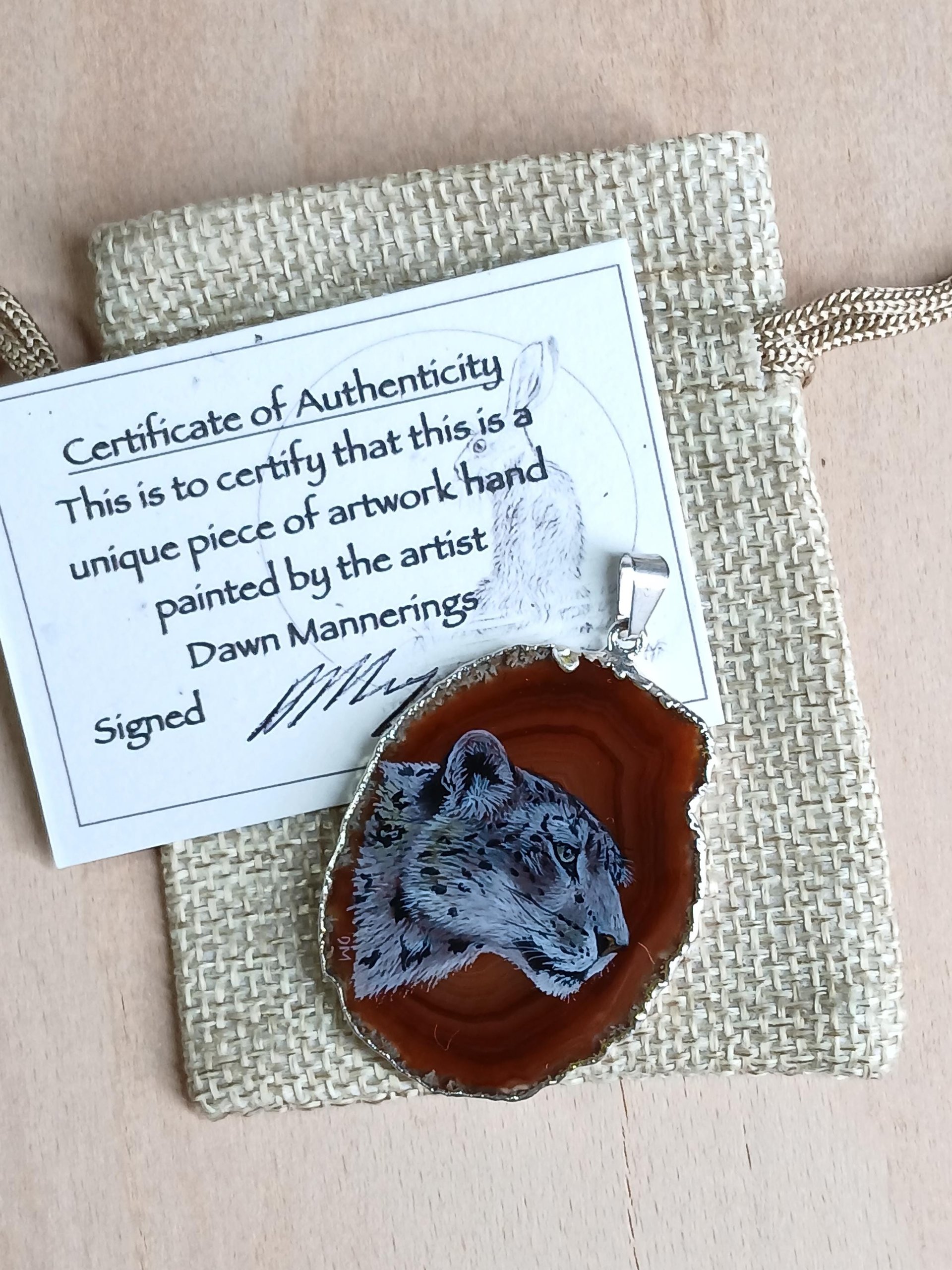 Snow Leopard Hand Painted Agate Pendant