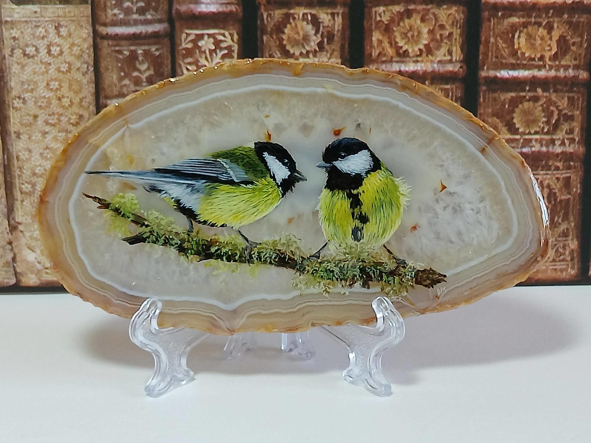 Great Tit Birds Painting on Agate Slice