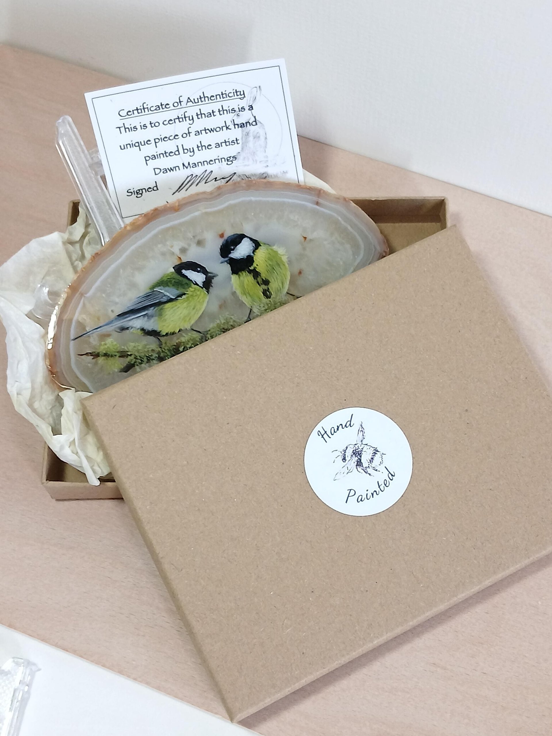 Great Tit Birds Painting on Agate Slice