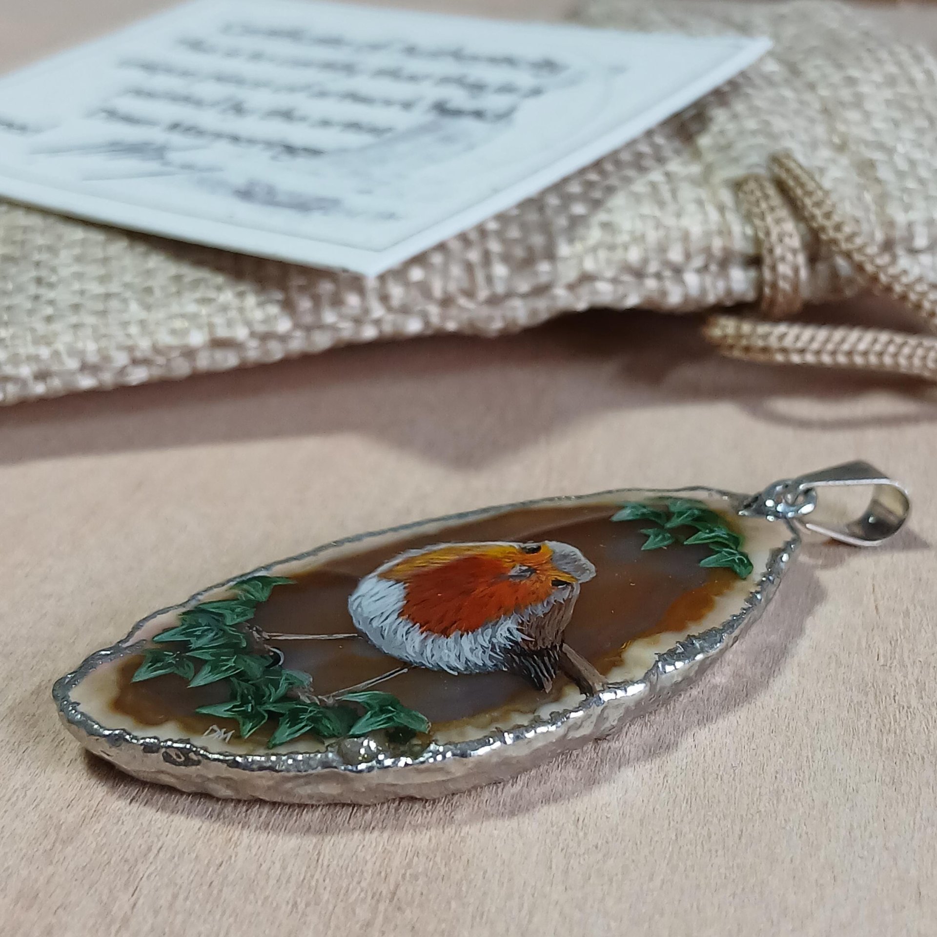 Robin Hand Painted Agate Pendant