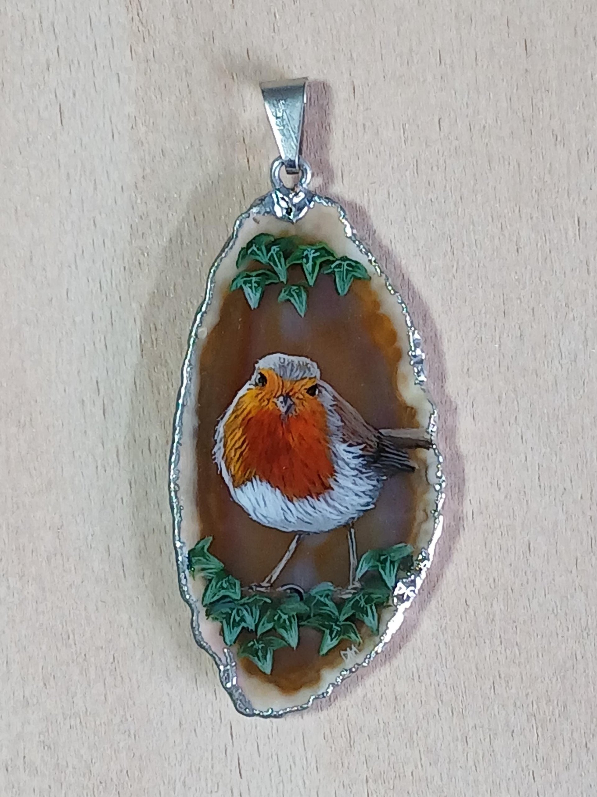 Robin Hand Painted Agate Pendant