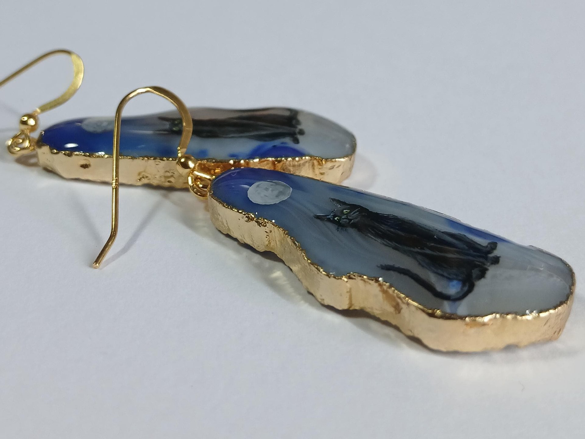 Black Cat Hand Painted Agate Earrings