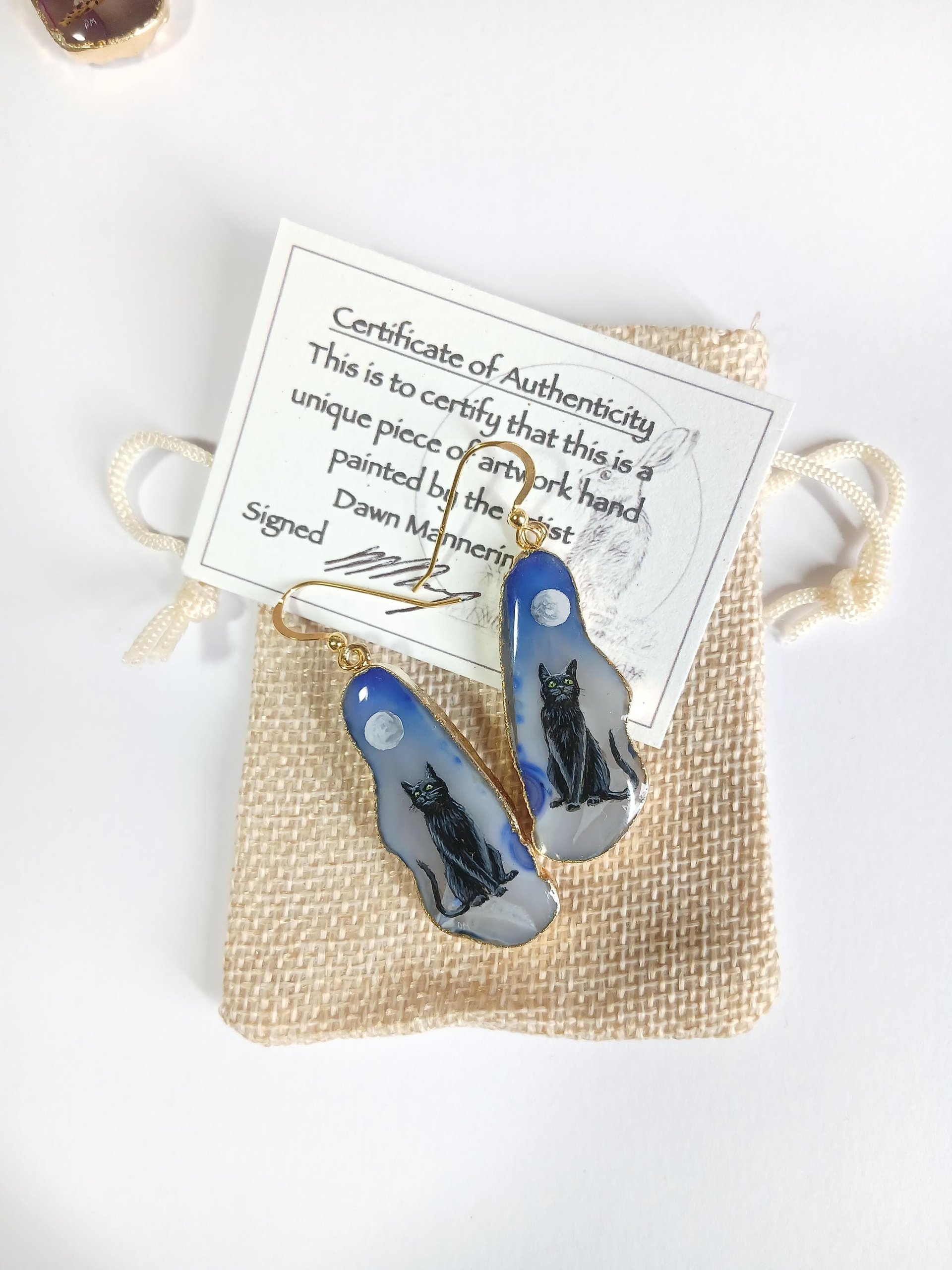 Black Cat Hand Painted Agate Earrings