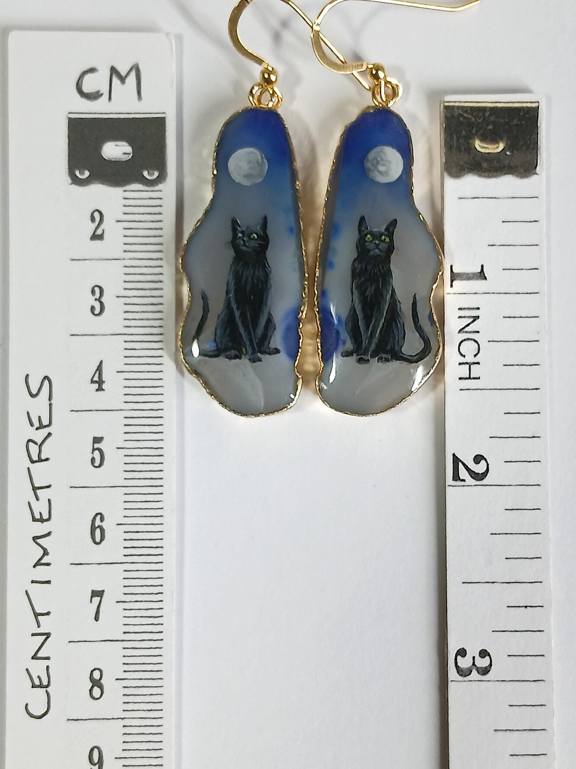 Black Cat Hand Painted Agate Earrings