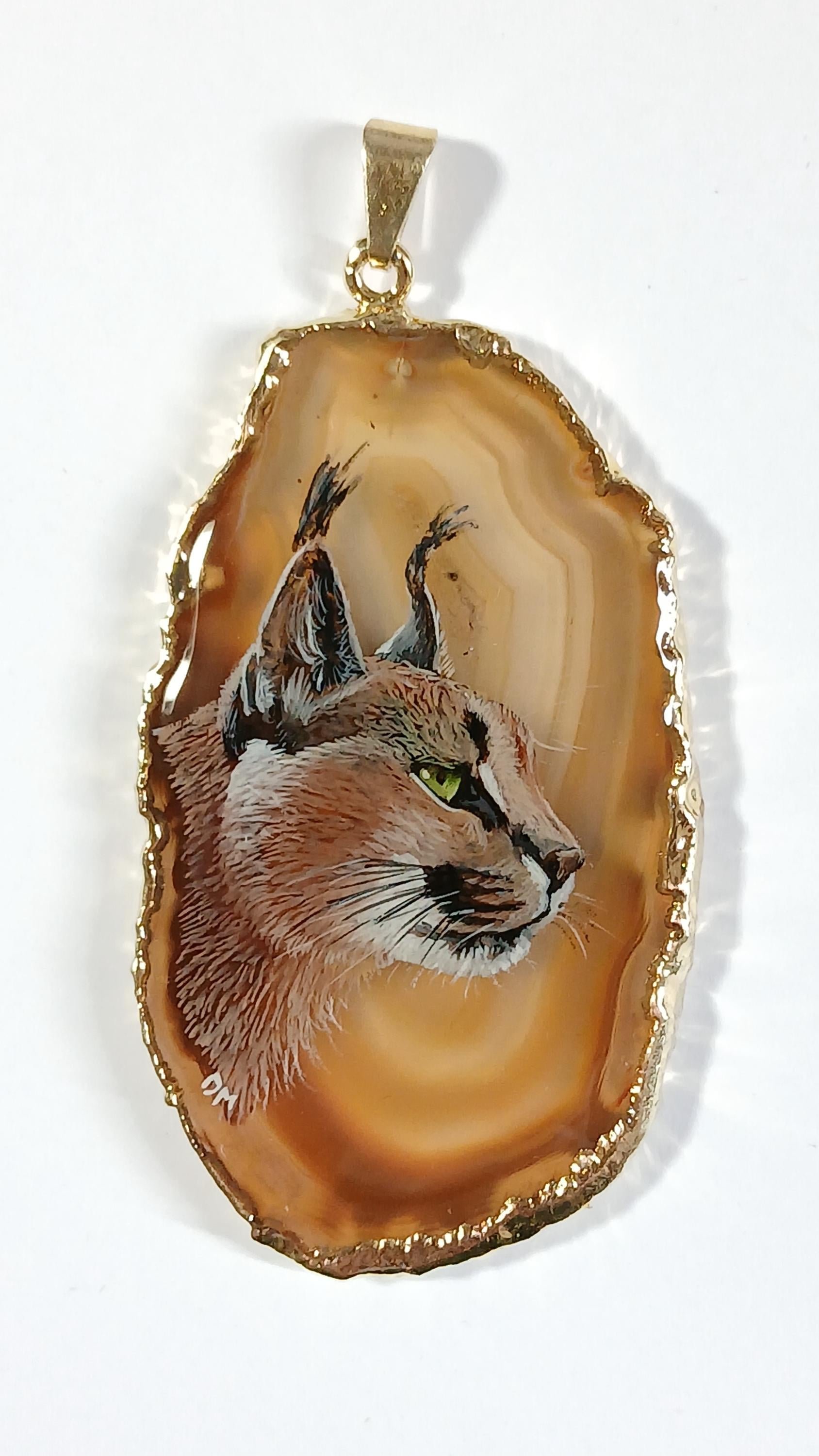 Caracal Hand Painted Agate Pendant