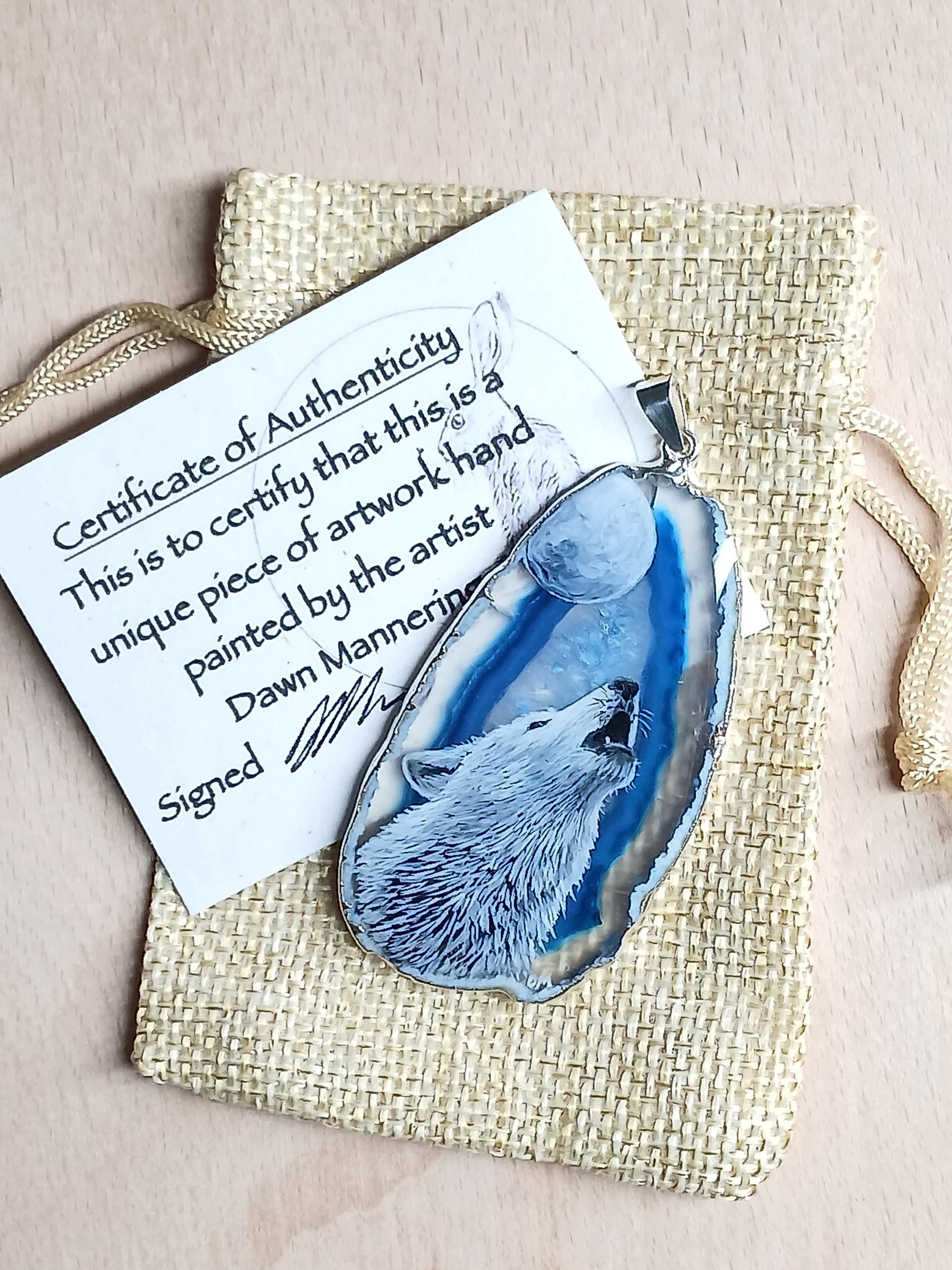 Hand Painted Howling White Wolf and Moon Agate Pendant