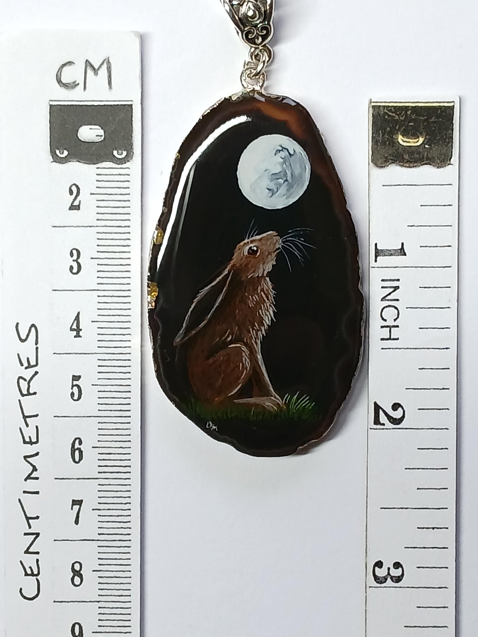 Moon Gazing Hare Hand Painted Agate Pendant