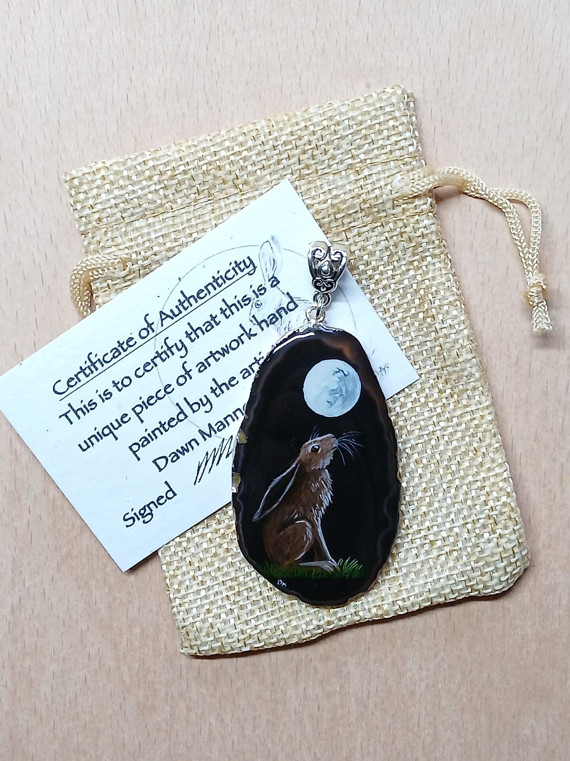 Moon Gazing Hare Hand Painted Agate Pendant