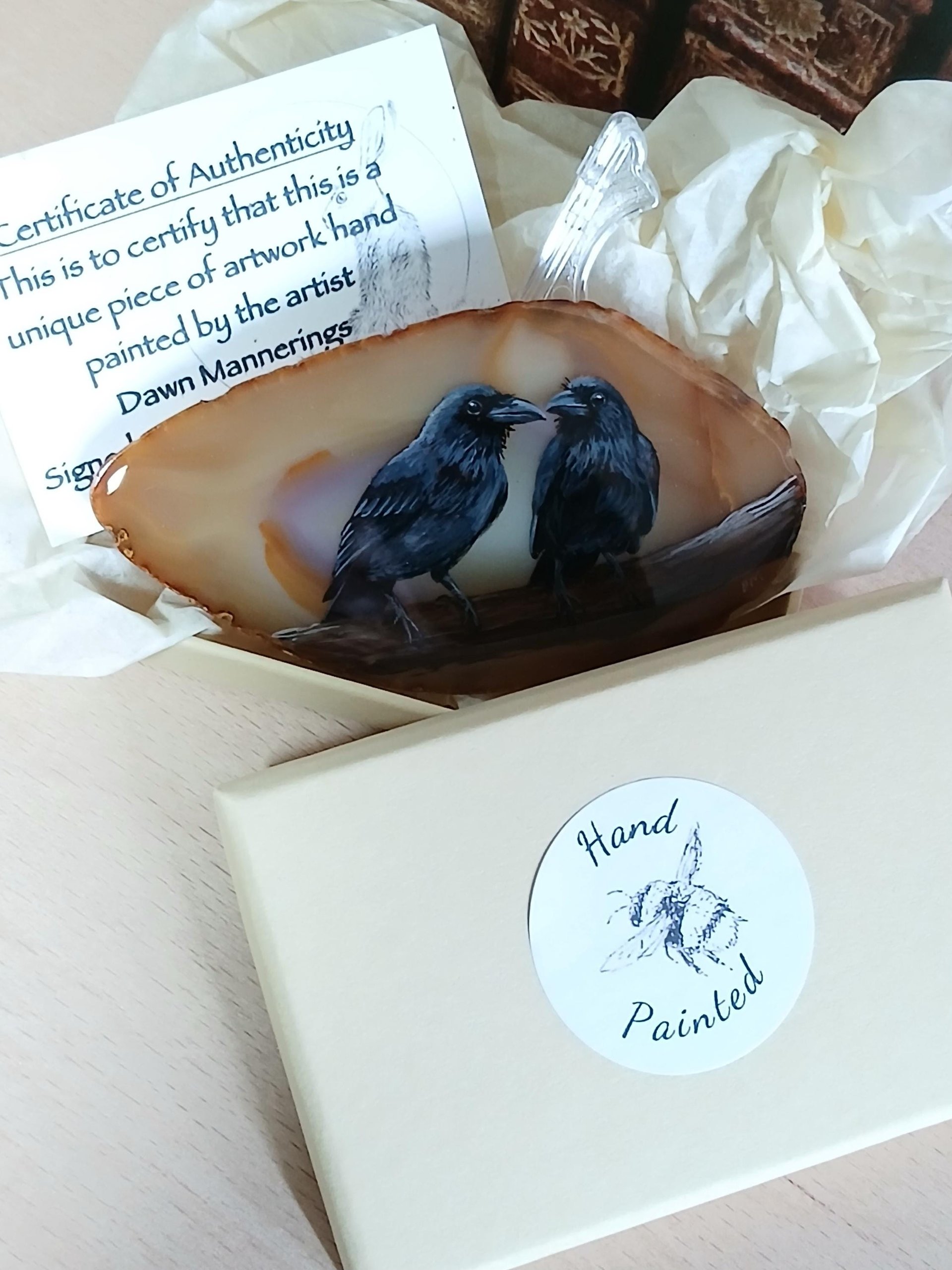 Ravens Hand Painted on to Agate Slice