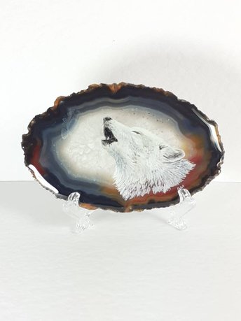 Howling Wolf Painting on Agate,  wolf gift, wolf present