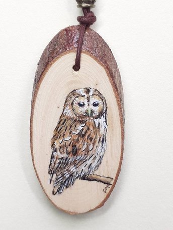 Tawny Owl Hand Painted Yew Wood Pendant