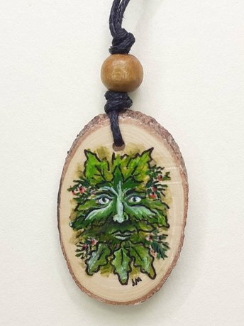 Green Man Handpainted Yew Wood Pendant